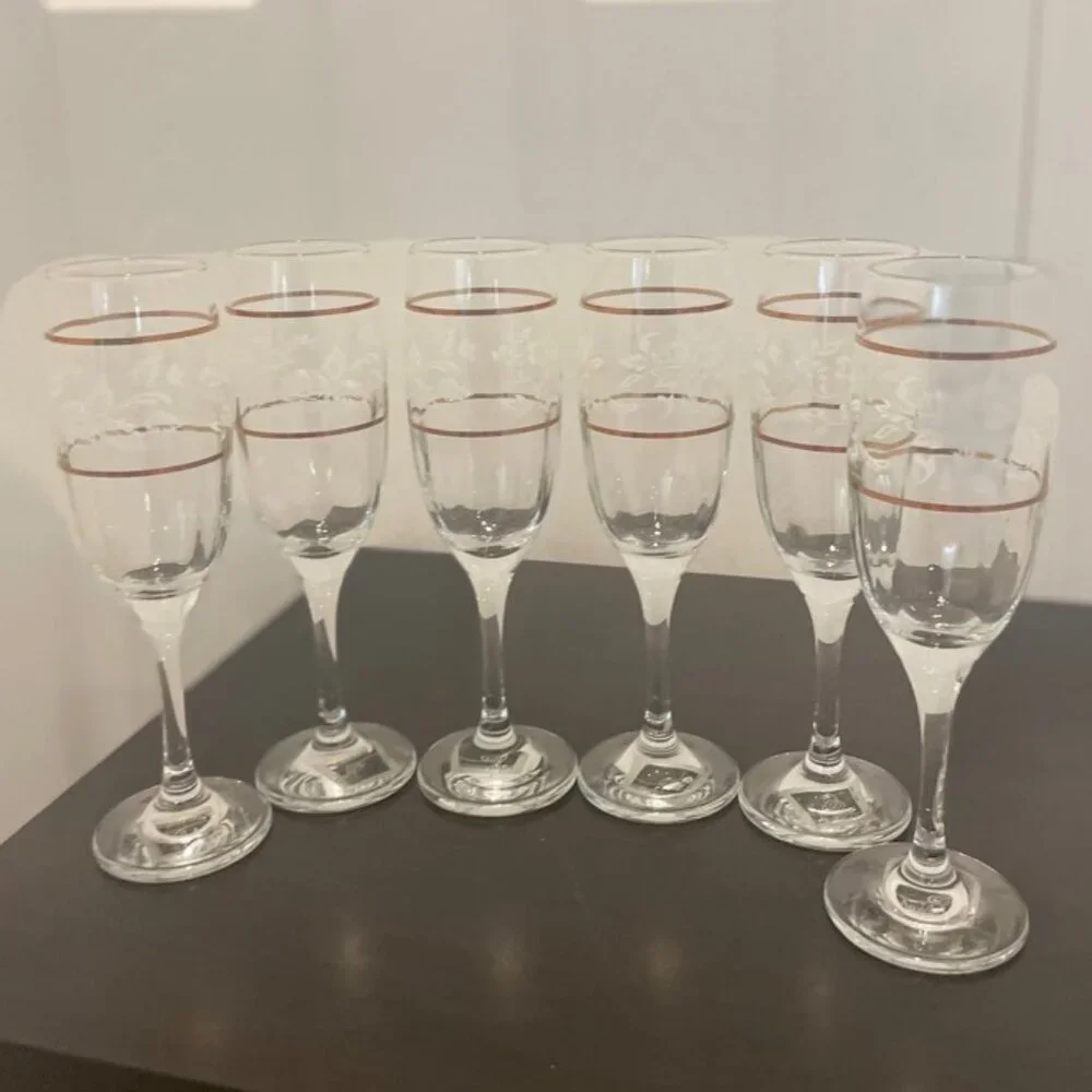 CICLE WARE SET OF 6‎ CHAMPAGNE FLUTES DUTCHES GOLD RIM FLORAL MADE IN TURKEY